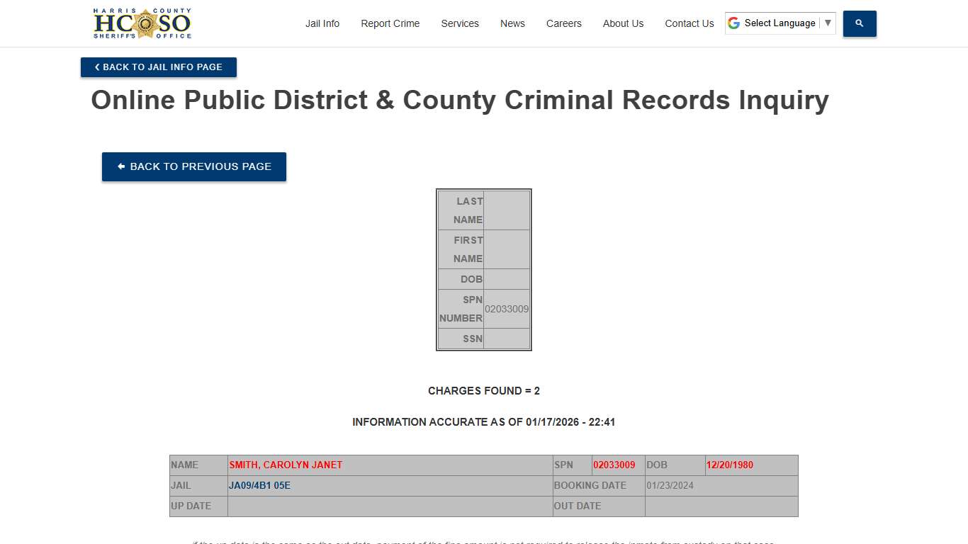 Online Public District & County Criminal Records Inquiry—Harris County Texas Sheriff's Office